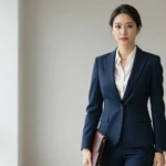 Boss Lady Style - Confident professional woman in tailored navy power suit with white blouse standing in modern office