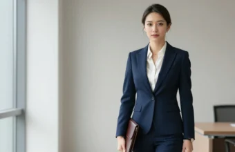 Boss Lady Style - Confident professional woman in tailored navy power suit with white blouse standing in modern office