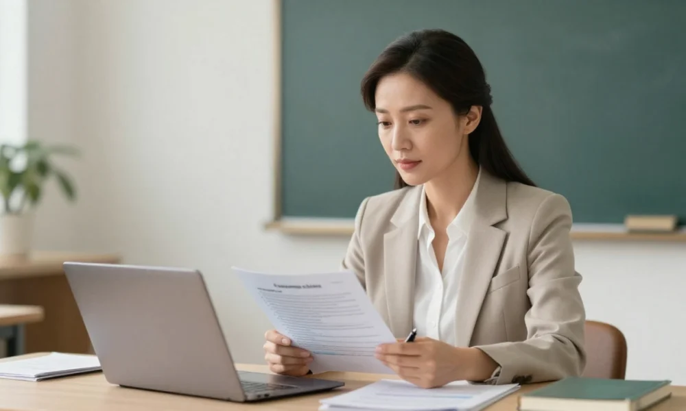 Educator planning curriculum materials and business ventures at home office desk, demonstrating professional skills transferable from classroom teaching to independent consulting and educational content development.