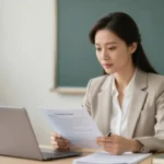 Educator planning curriculum materials and business ventures at home office desk, demonstrating professional skills transferable from classroom teaching to independent consulting and educational content development.