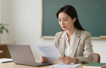 Educator planning curriculum materials and business ventures at home office desk, demonstrating professional skills transferable from classroom teaching to independent consulting and educational content development.