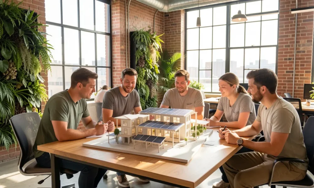 A diverse team of entrepreneurs reviewing a sustainable net-zero community architectural model in a modern eco-friendly office with living walls, representing innovative green business ideas and collaborative sustainable development in 2026.