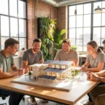 A diverse team of entrepreneurs reviewing a sustainable net-zero community architectural model in a modern eco-friendly office with living walls, representing innovative green business ideas and collaborative sustainable development in 2026.