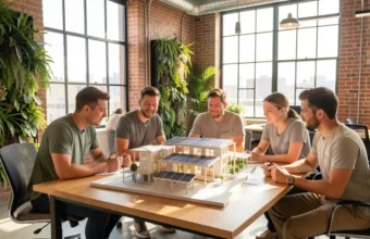 A diverse team of entrepreneurs reviewing a sustainable net-zero community architectural model in a modern eco-friendly office with living walls, representing innovative green business ideas and collaborative sustainable development in 2026.