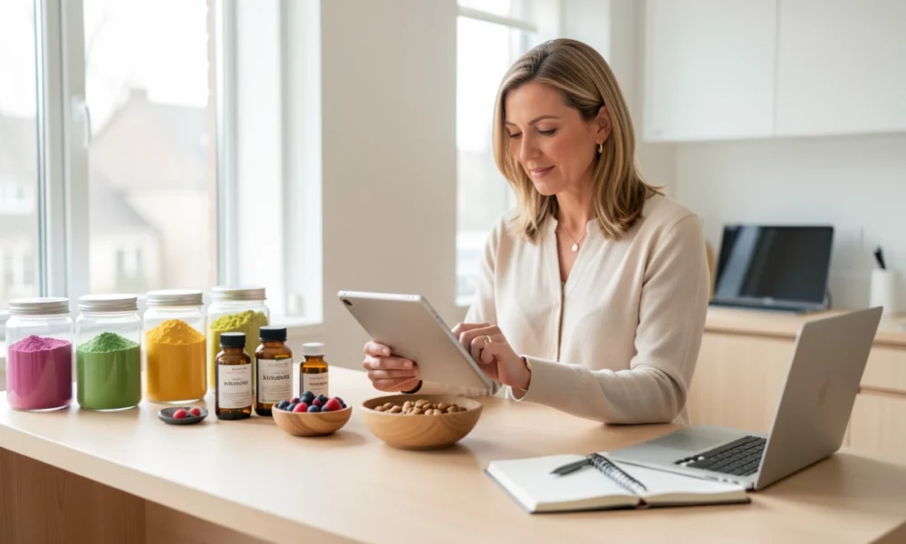 A female nutrition entrepreneur reviewing a meal plan on a tablet in a modern, sunlit workspace surrounded by displays of functional food products and supplements, illustrating profitable nutrition business ideas for 2026.