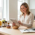 A female nutrition entrepreneur reviewing a meal plan on a tablet in a modern, sunlit workspace surrounded by displays of functional food products and supplements, illustrating profitable nutrition business ideas for 2026.