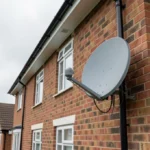 UK home exterior with satellite dish installation mounted on brick wall for Sky or Freesat television reception