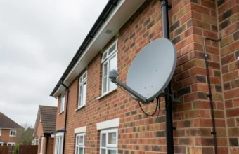 UK home exterior with satellite dish installation mounted on brick wall for Sky or Freesat television reception