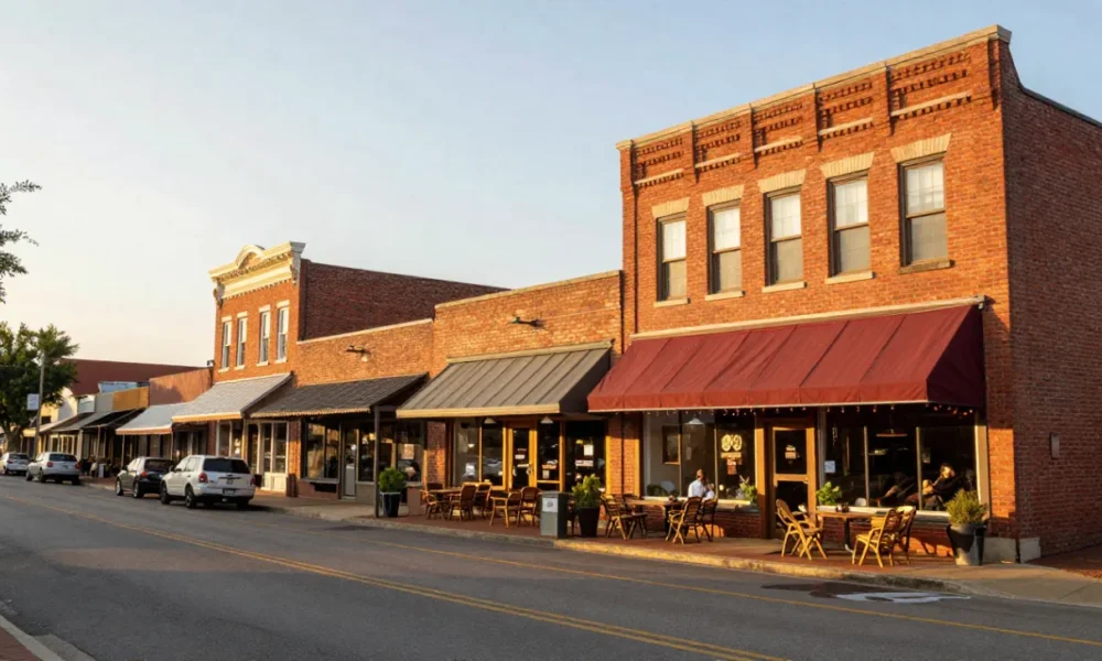 A vibrant main street in a small town with local businesses like a cafe and boutique, illustrating opportunities for small town business ideas and local entrepreneurship.