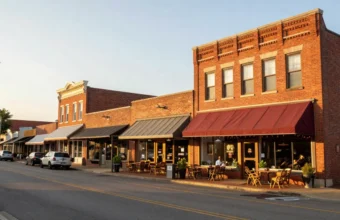 A vibrant main street in a small town with local businesses like a cafe and boutique, illustrating opportunities for small town business ideas and local entrepreneurship.