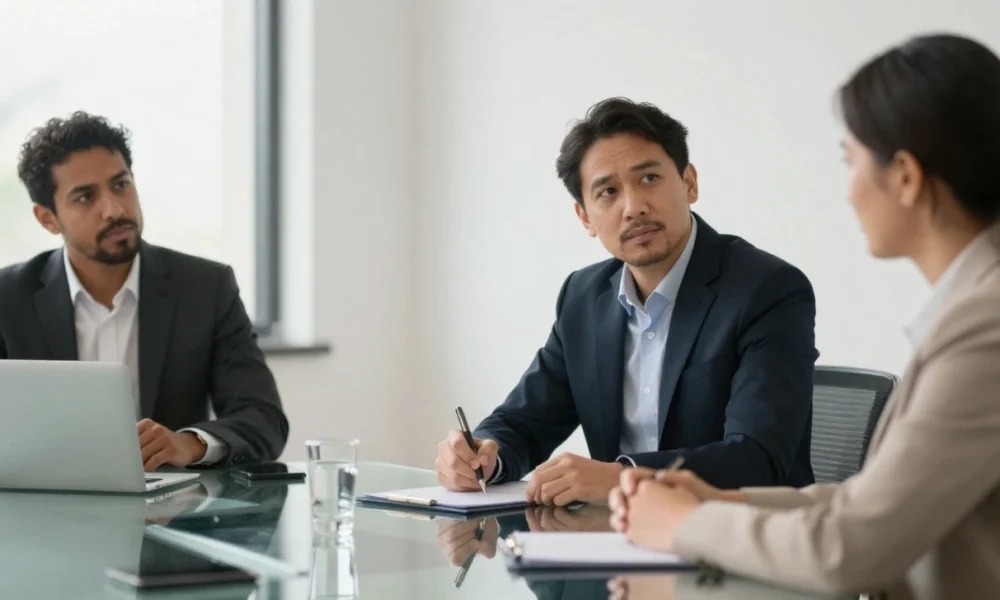 Business professionals reviewing documents during a meeting, demonstrating accountability and consistency in operations.