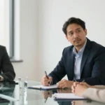 Business professionals reviewing documents during a meeting, demonstrating accountability and consistency in operations.