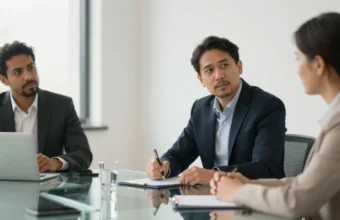 Business professionals reviewing documents during a meeting, demonstrating accountability and consistency in operations.