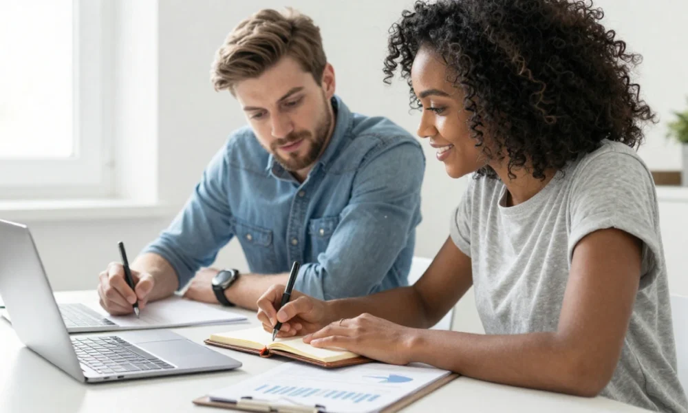 A couple reviewing business plans together on a laptop in a modern home office, representing teamwork and shared goals for new business ideas for couples.