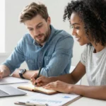 A couple reviewing business plans together on a laptop in a modern home office, representing teamwork and shared goals for new business ideas for couples.