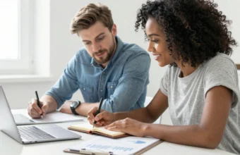A couple reviewing business plans together on a laptop in a modern home office, representing teamwork and shared goals for new business ideas for couples.