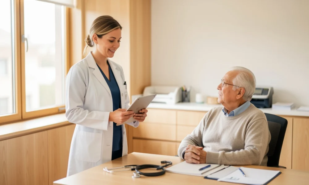 Nurse entrepreneur consulting with elderly patient in modern medical office, representing business ideas for nurses starting private practices