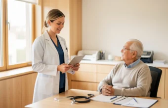 Nurse entrepreneur consulting with elderly patient in modern medical office, representing business ideas for nurses starting private practices