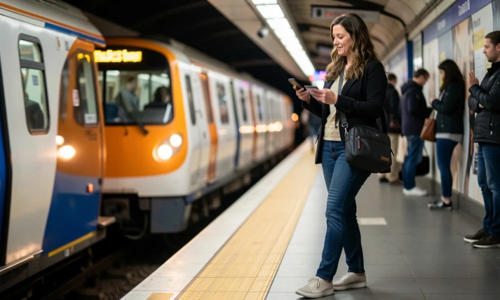 Woman traveling alone standing on London Tube platform, contactless payment card in hand, waiting for train, authentic urban transport scene