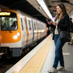 Woman traveling alone standing on London Tube platform, contactless payment card in hand, waiting for train, authentic urban transport scene