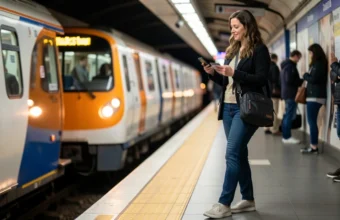 Woman traveling alone standing on London Tube platform, contactless payment card in hand, waiting for train, authentic urban transport scene