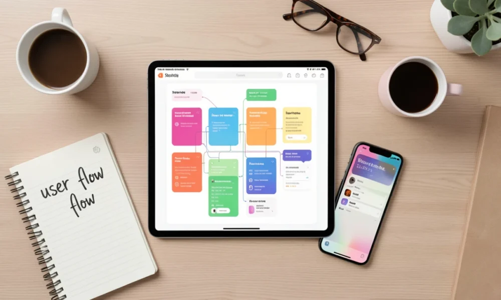A flat lay photo of a modern desk with an iPad displaying a mobile app wireframe design, surrounded by a smartphone, notepad, and coffee, representing the planning and development stage of creating an app.