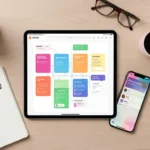 A flat lay photo of a modern desk with an iPad displaying a mobile app wireframe design, surrounded by a smartphone, notepad, and coffee, representing the planning and development stage of creating an app.