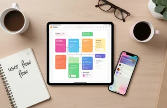 A flat lay photo of a modern desk with an iPad displaying a mobile app wireframe design, surrounded by a smartphone, notepad, and coffee, representing the planning and development stage of creating an app.