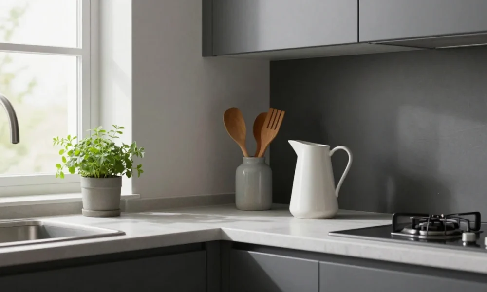 Bright kitchen with matte dark grey cabinets, quartz countertops, and natural daylight from window, designed for long-term functionality