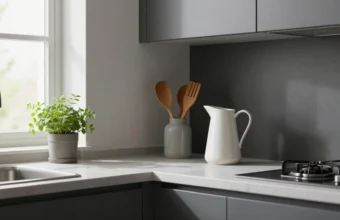 Bright kitchen with matte dark grey cabinets, quartz countertops, and natural daylight from window, designed for long-term functionality