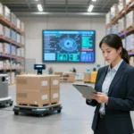 Modern warehouse interior with logistics manager using digital tablet to manage inventory, featuring automated guided vehicles and real-time data screens, representing efficient supply chain operations and profitable distribution business ideas for 2026.