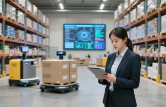 Modern warehouse interior with logistics manager using digital tablet to manage inventory, featuring automated guided vehicles and real-time data screens, representing efficient supply chain operations and profitable distribution business ideas for 2026.