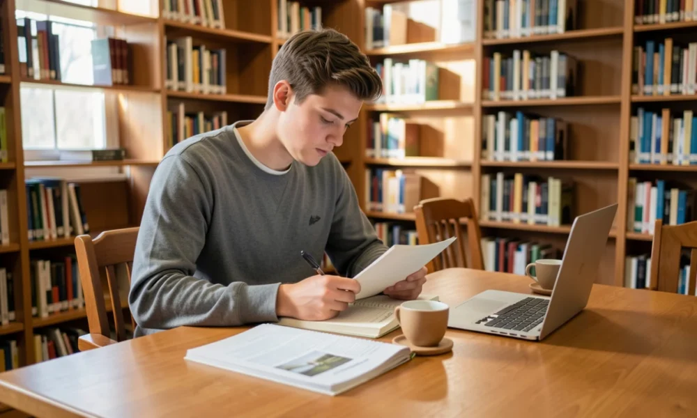 Student reviewing research notes and preparing to write an academic essay in a university library
