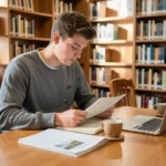 Student reviewing research notes and preparing to write an academic essay in a university library