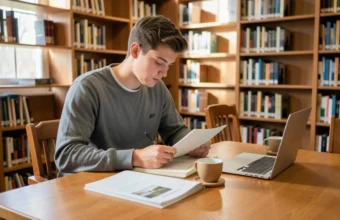 Student reviewing research notes and preparing to write an academic essay in a university library