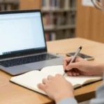 Student writing an essay outline on a notebook with a laptop showing a document, library setting, essay writing process.