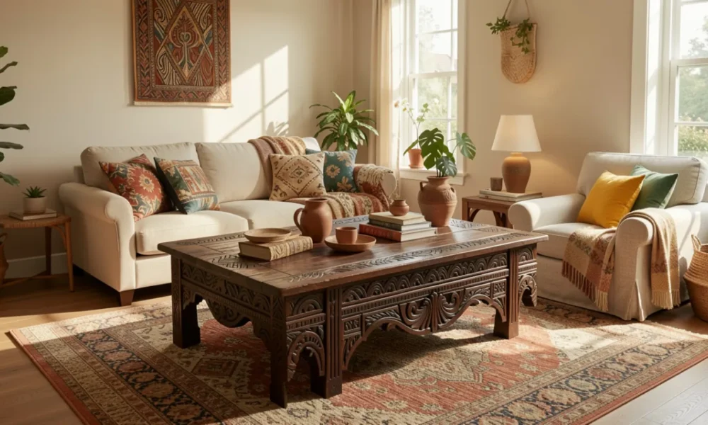 A bright, modern living room interior featuring a carved wooden African coffee table, bamboo armchairs, and colorful woven textiles, showcasing a blend of exotic furniture styles and materials.