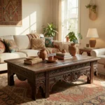 A bright, modern living room interior featuring a carved wooden African coffee table, bamboo armchairs, and colorful woven textiles, showcasing a blend of exotic furniture styles and materials.