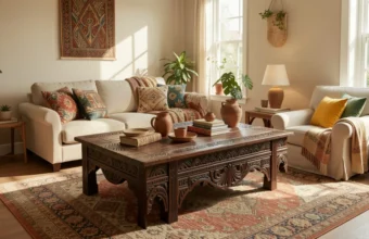 A bright, modern living room interior featuring a carved wooden African coffee table, bamboo armchairs, and colorful woven textiles, showcasing a blend of exotic furniture styles and materials.