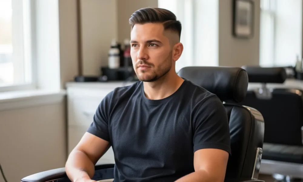 A confident man with a modern textured crop haircut and faded sides, sitting in a barbershop. The style is a recommended option for a receding hairline.