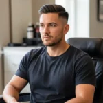 A confident man with a modern textured crop haircut and faded sides, sitting in a barbershop. The style is a recommended option for a receding hairline.