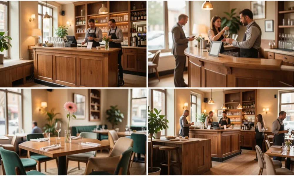 A collage featuring four hospitality business ideas: a boutique hotel reception, a chef plating food, tourists with a guide in a city square, and a barista making coffee.