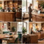 A collage featuring four hospitality business ideas: a boutique hotel reception, a chef plating food, tourists with a guide in a city square, and a barista making coffee.