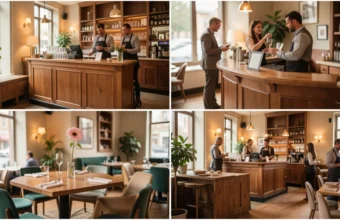 A collage featuring four hospitality business ideas: a boutique hotel reception, a chef plating food, tourists with a guide in a city square, and a barista making coffee.