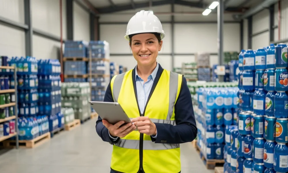 Confident recycling business owner in safety gear holding tablet at modern recycling facility with sorted materials