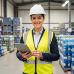 Confident recycling business owner in safety gear holding tablet at modern recycling facility with sorted materials