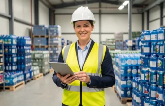 Confident recycling business owner in safety gear holding tablet at modern recycling facility with sorted materials