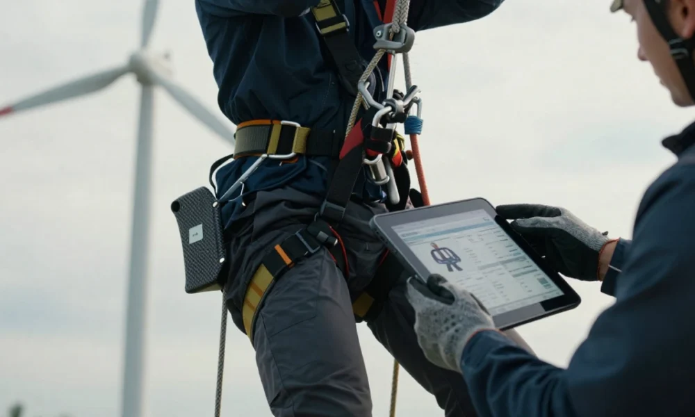 Rope access technician inspecting modern modular harness and composite descender equipment during wind turbine maintenance