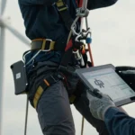 Rope access technician inspecting modern modular harness and composite descender equipment during wind turbine maintenance