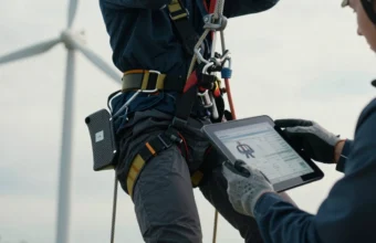 Rope access technician inspecting modern modular harness and composite descender equipment during wind turbine maintenance